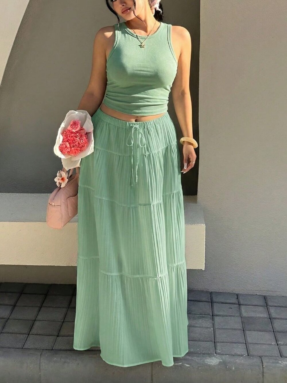 Mint Green Casual Women's Round Neck Tank Top And Midi Skirt Set, Plus Size